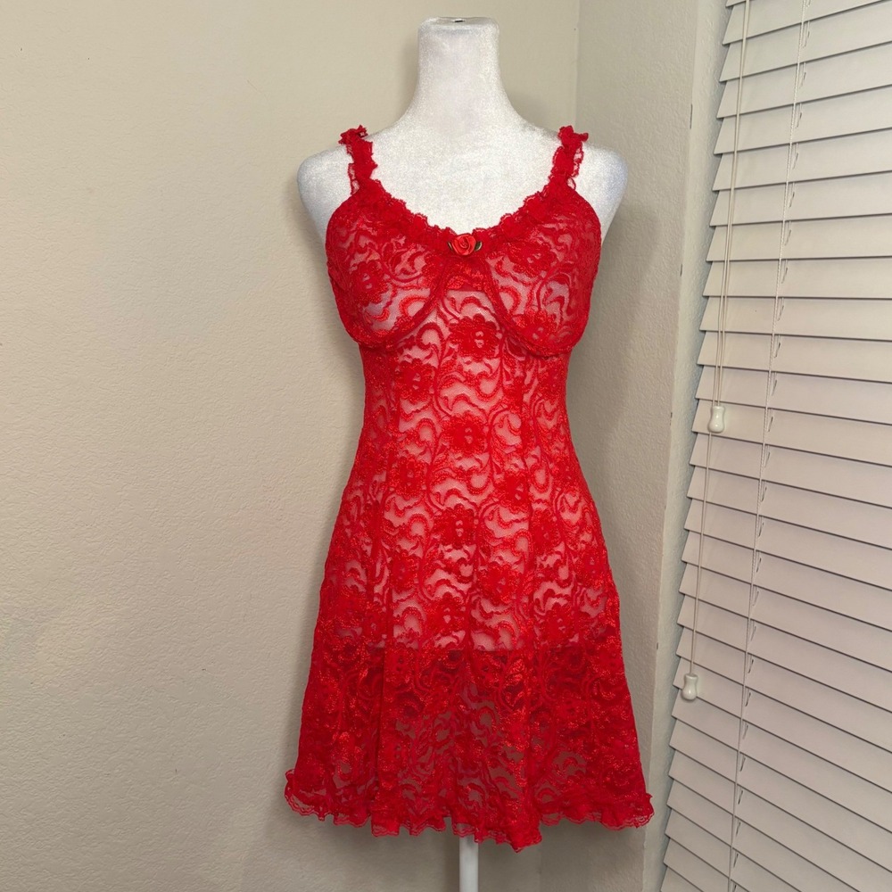 Cinema Etoile XL red stretchy lace ruffled sheer lingerie babydoll slip dress